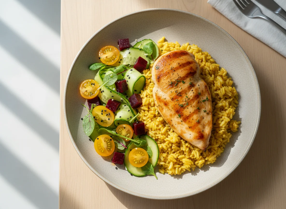 Chicken breast with rice and salad photo