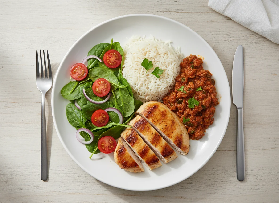 Chicken breast with rice and spinach salad photo