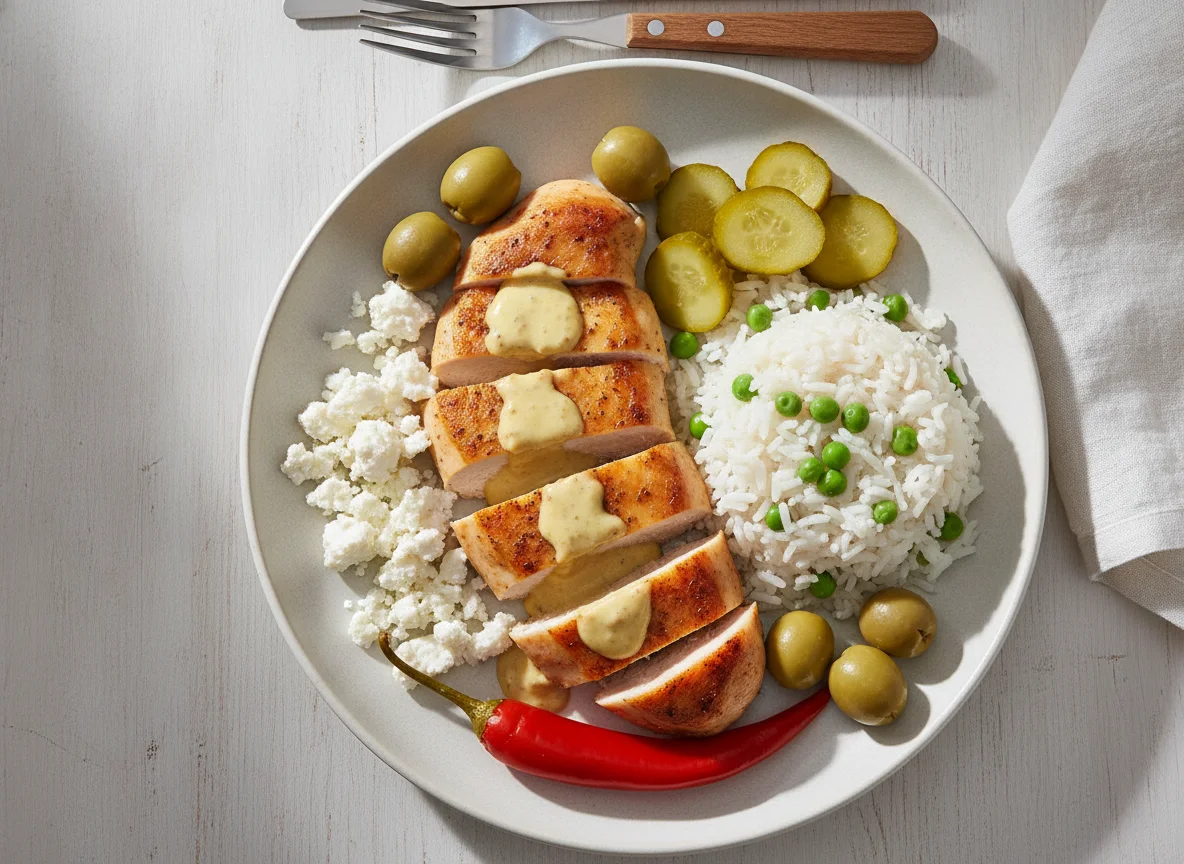 Chicken breast with rice, peas, feta cheese and pickles photo