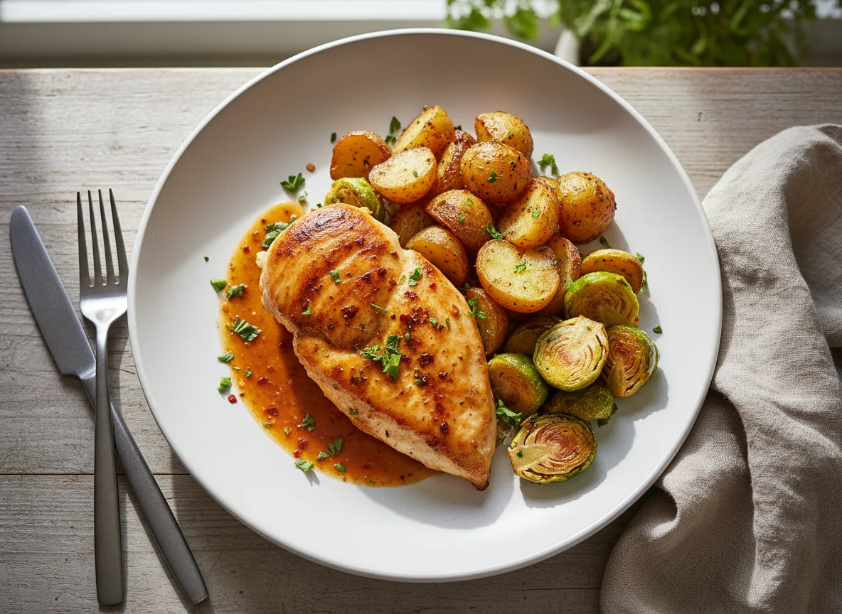 Chicken breast with roasted potatoes and Brussels sprouts photo