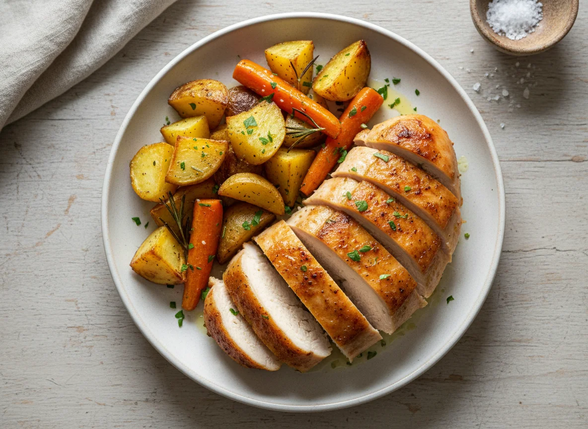 Chicken breast with roasted potatoes and carrots photo