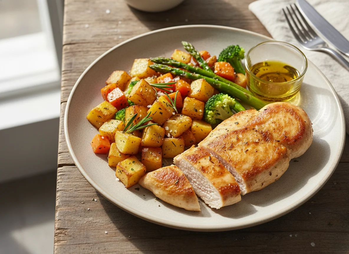 Chicken breast with roasted potatoes and vegetables photo
