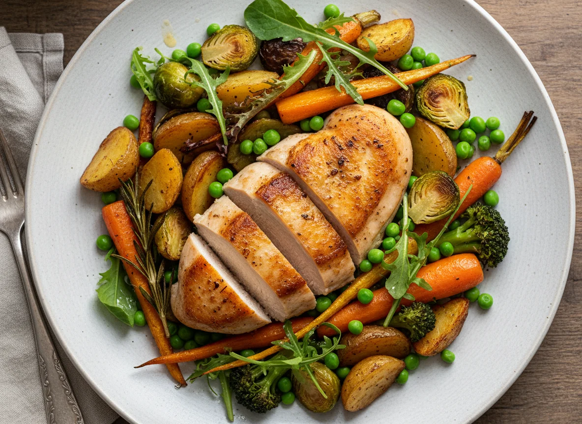 Chicken breast with roasted vegetables and greens photo