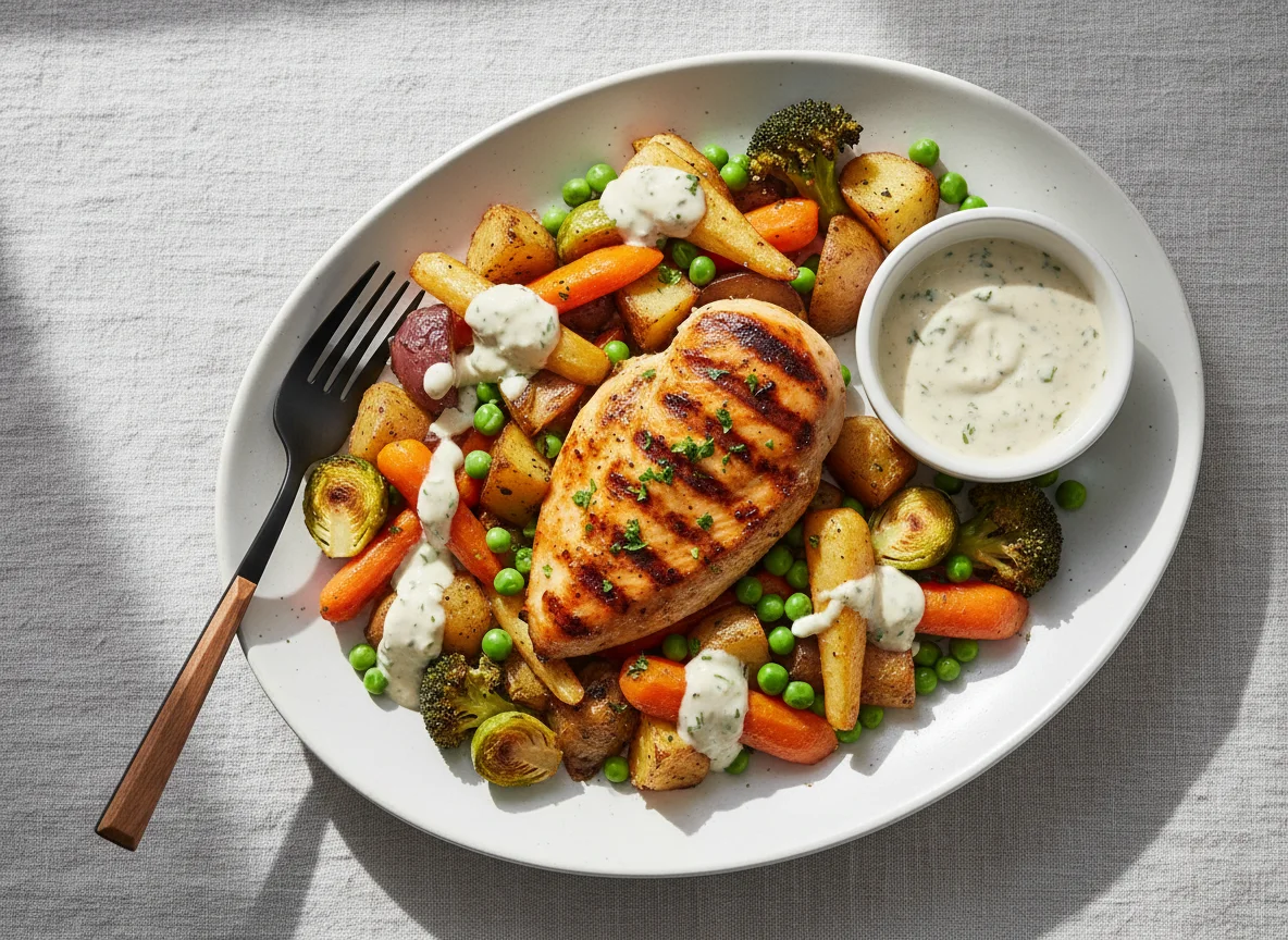Chicken breast with roasted vegetables and Nando's Garlic sauce photo