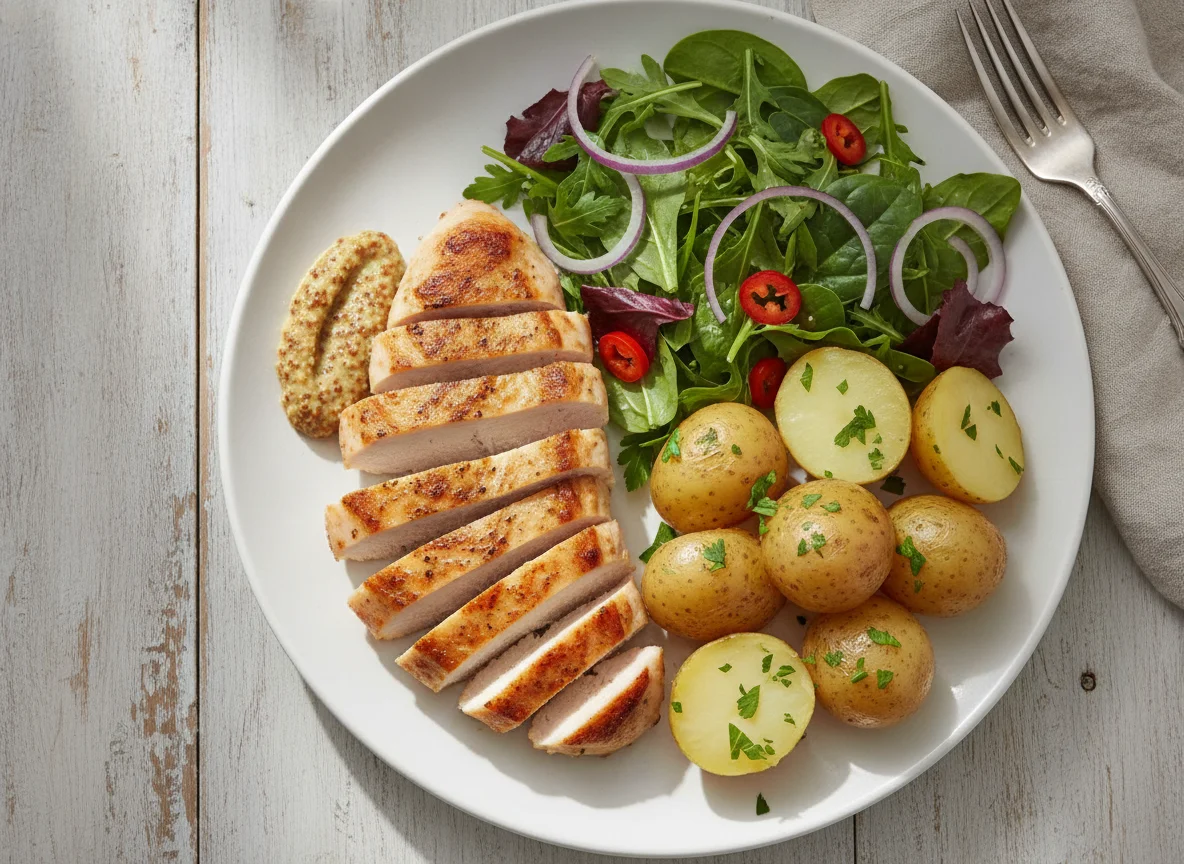 Chicken breast with salad and boiled potatoes photo
