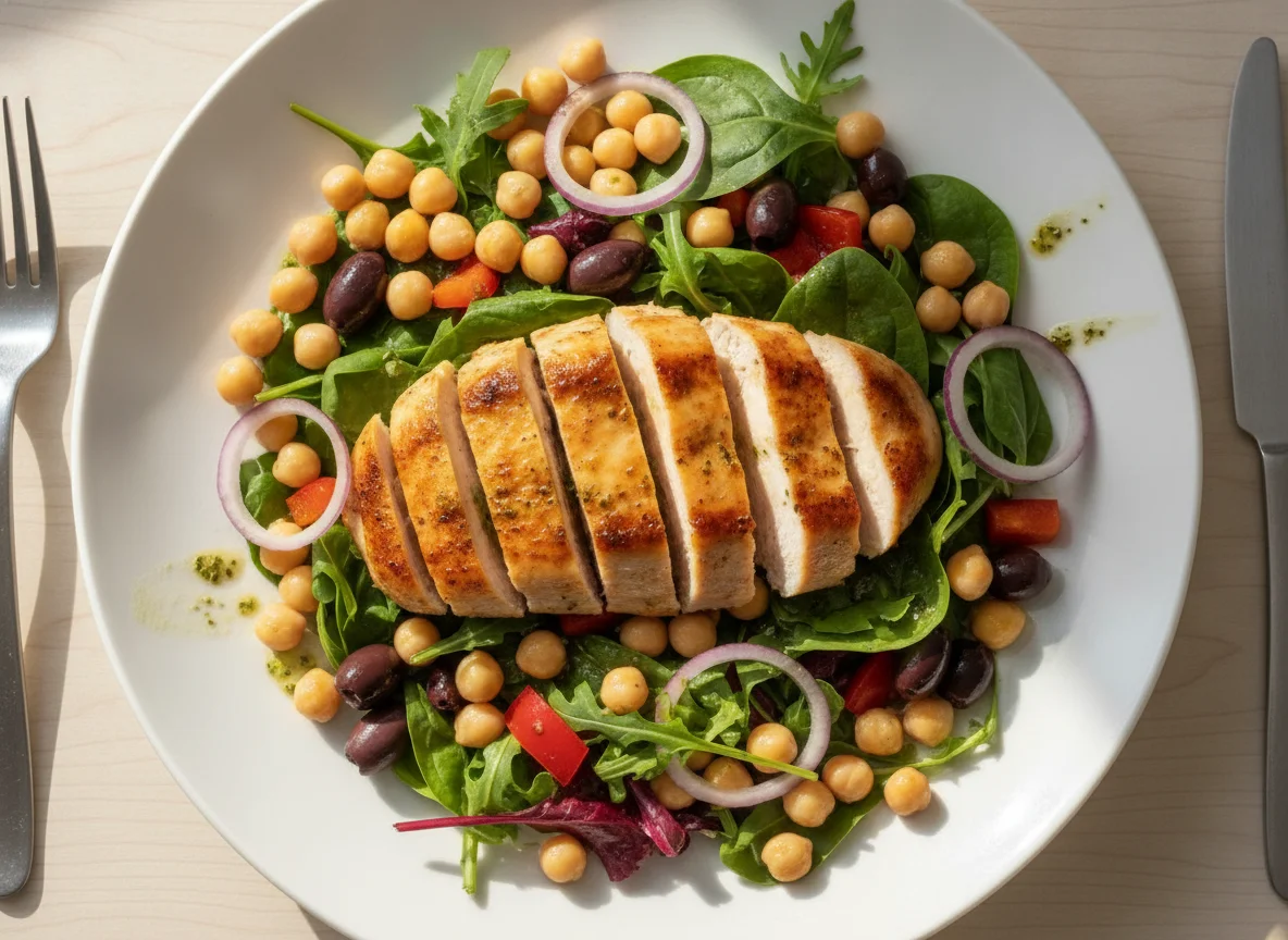 Chicken breast with salad and chickpeas photo