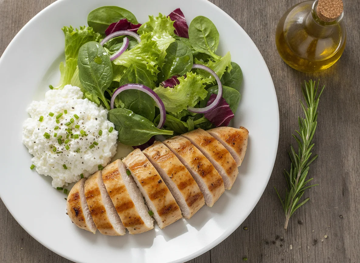 Chicken breast with salad and cottage cheese photo