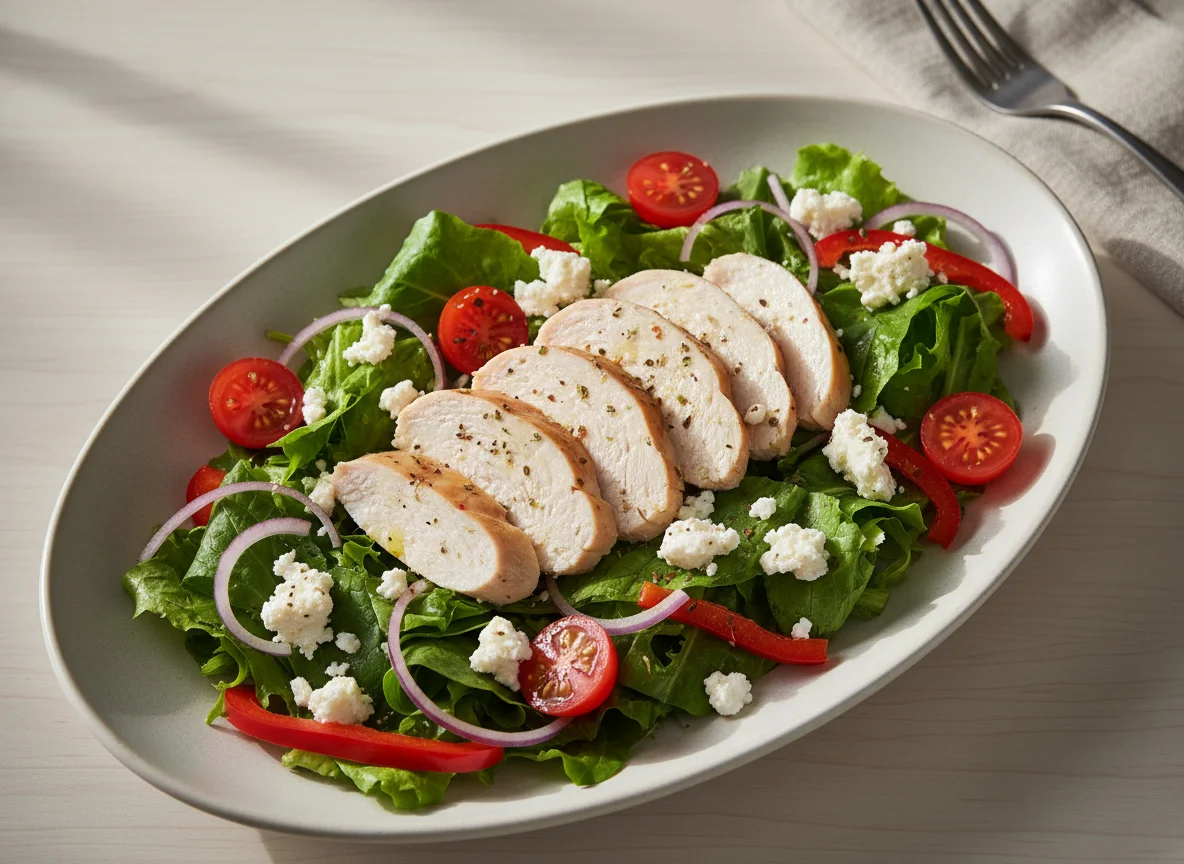 Chicken breast with salad and feta cheese photo