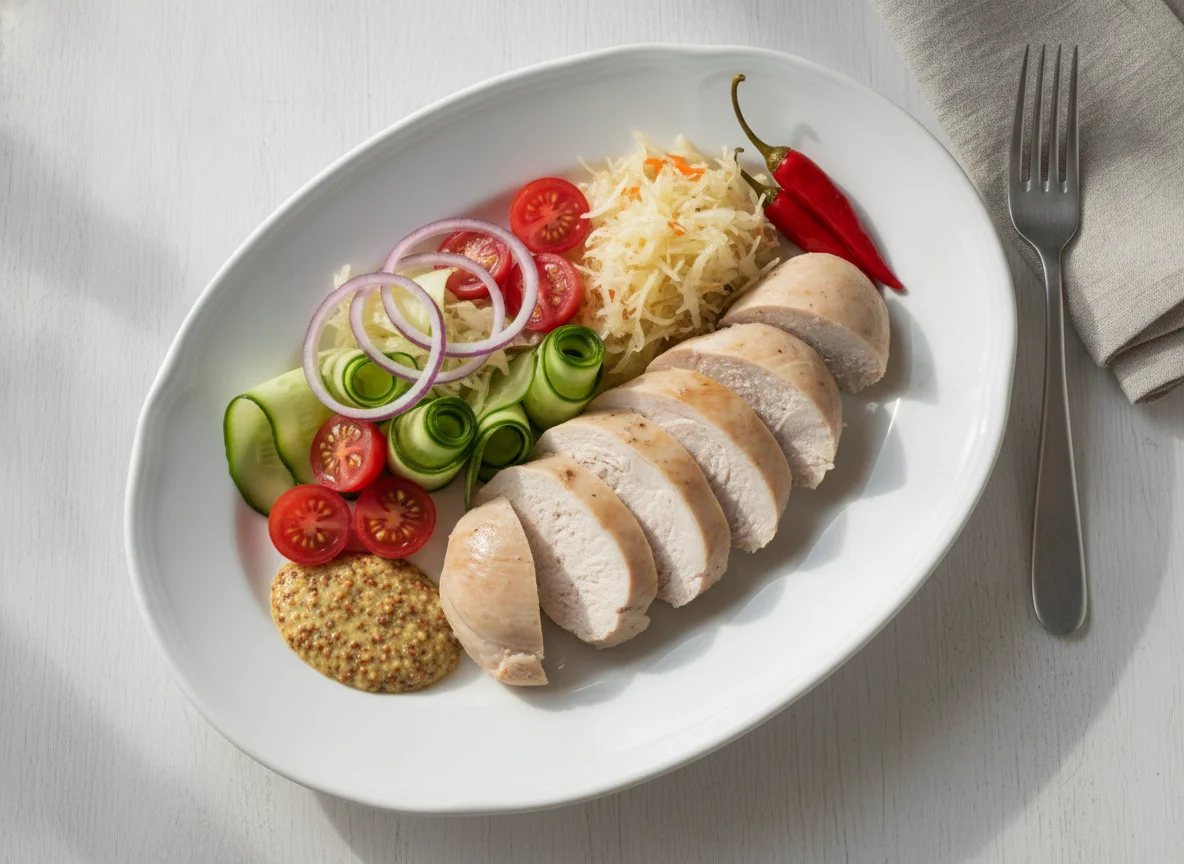Chicken breast with salad and mustard photo