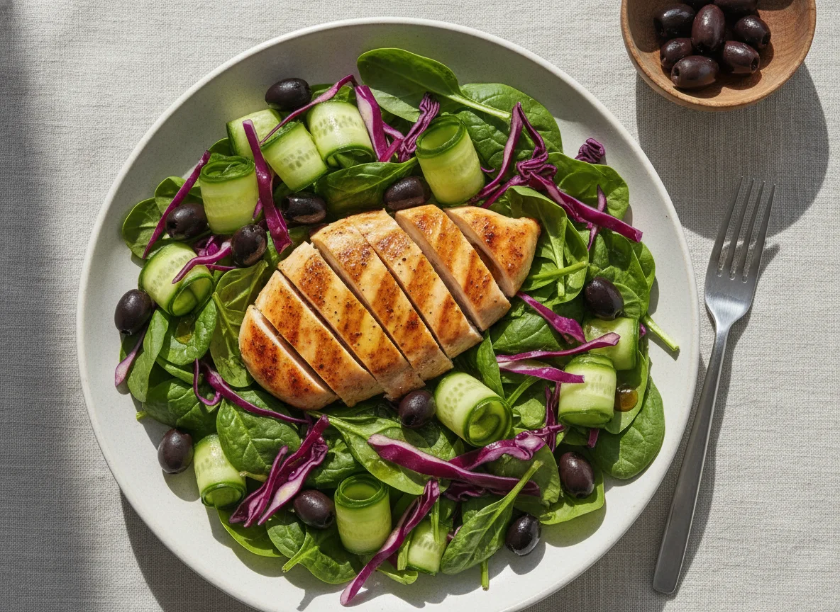Chicken breast with salad and olives photo