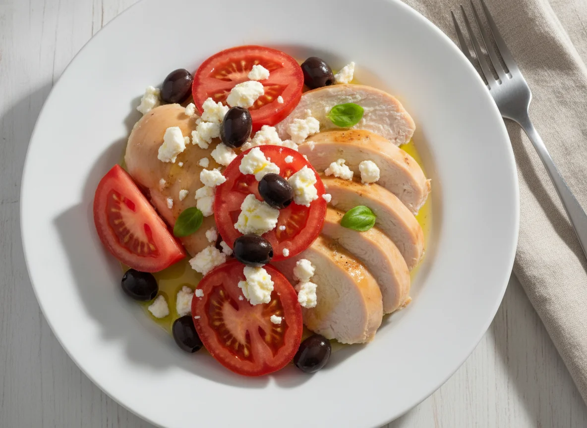 Chicken breast with sliced tomatoes and feta cheese photo