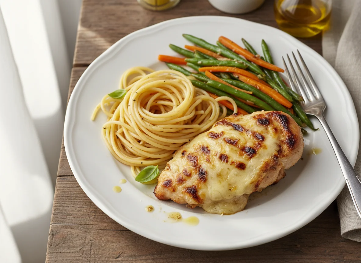 Chicken breast with spaghetti and mixed vegetables photo