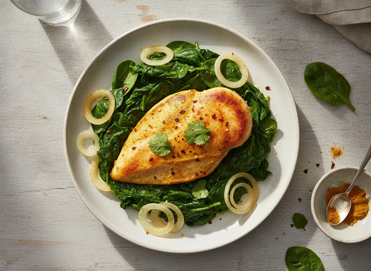 Chicken breast with spinach and onions photo
