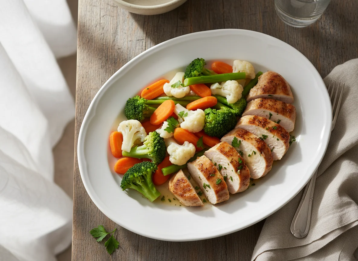 Chicken breast with steamed vegetables photo