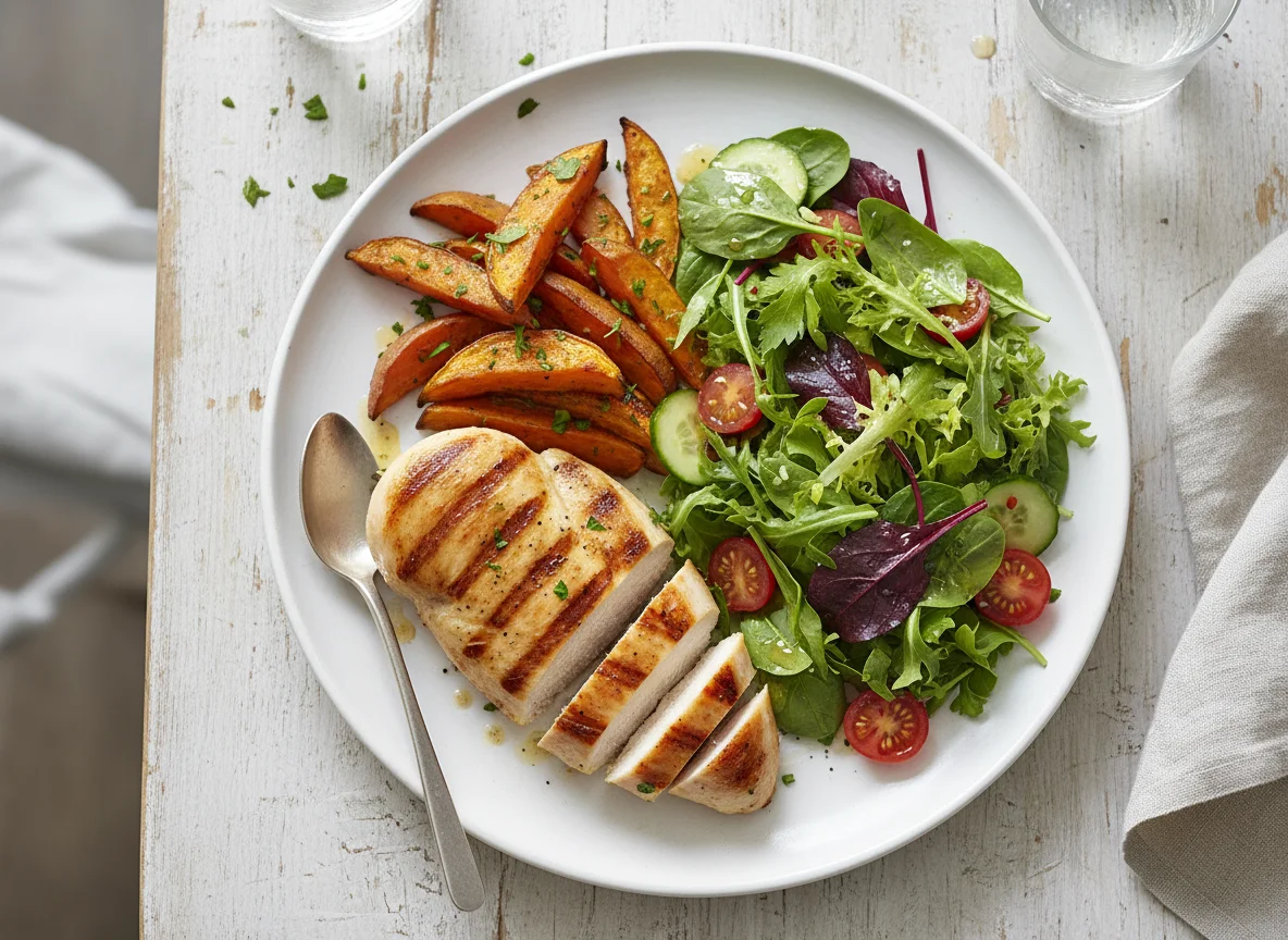 Chicken breast with sweet potato and mixed leaf salad photo