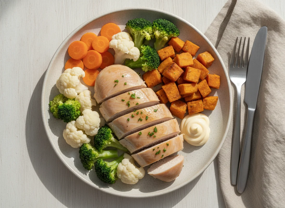 Chicken breast with sweet potato and mixed vegetables photo