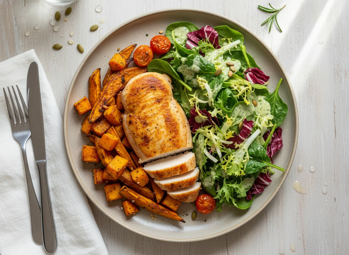 Chicken breast with sweet potato and salad photo