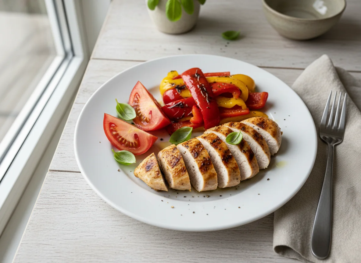 Chicken breast with tomato and bell pepper photo