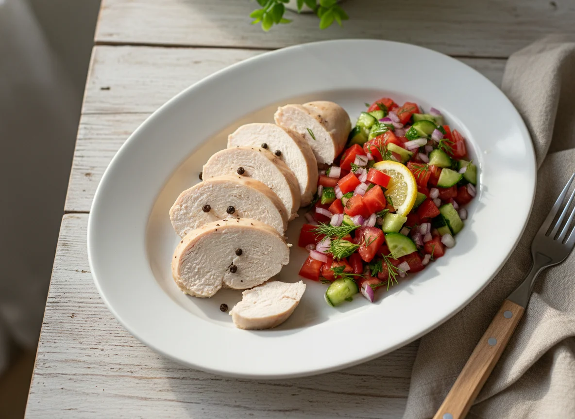 Chicken breast with tomato and cucumber salad photo