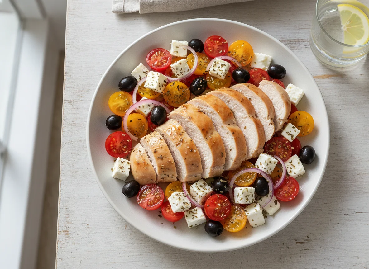 Chicken breast with tomato and feta salad photo