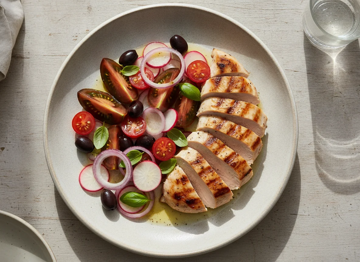 Chicken breast with tomato and radish salad photo