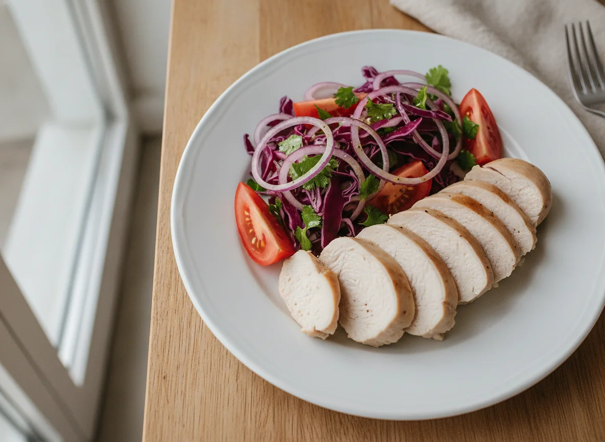 Chicken breast with tomato, red onion and red cabbage salad photo