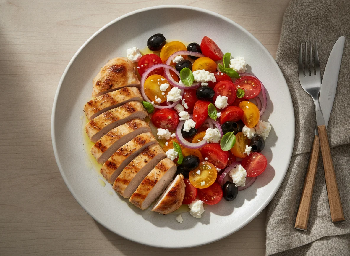 Chicken breast with tomato salad and feta cheese photo
