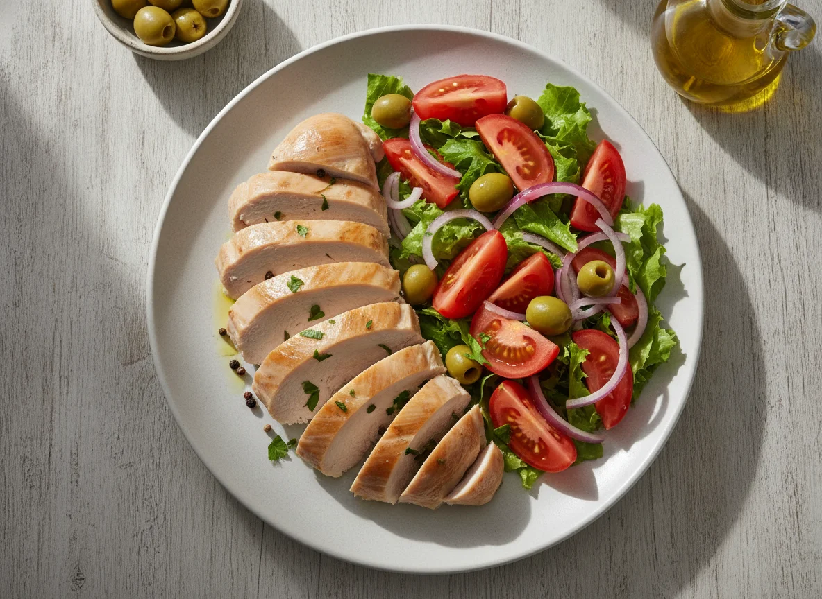 Chicken breast with tomato salad and olives photo