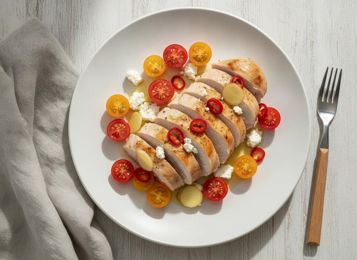 Chicken breast with tomatoes and feta cheese photo