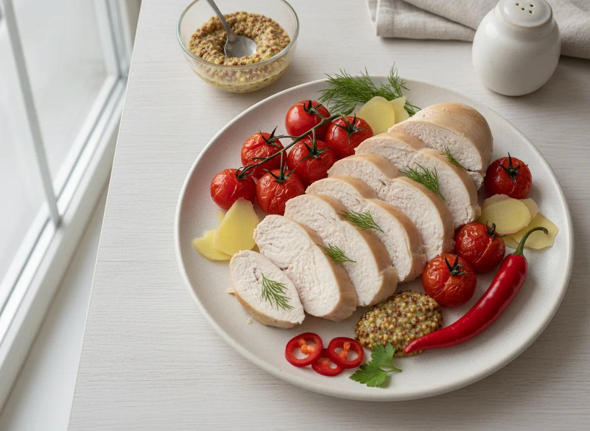 Chicken breast with tomatoes and mustard photo