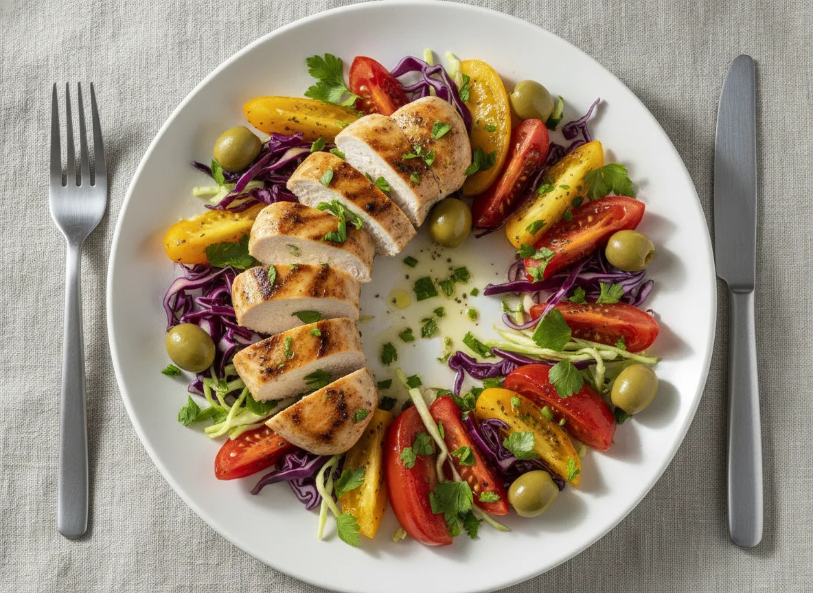 Chicken breast with tomatoes, cabbage, and olives photo