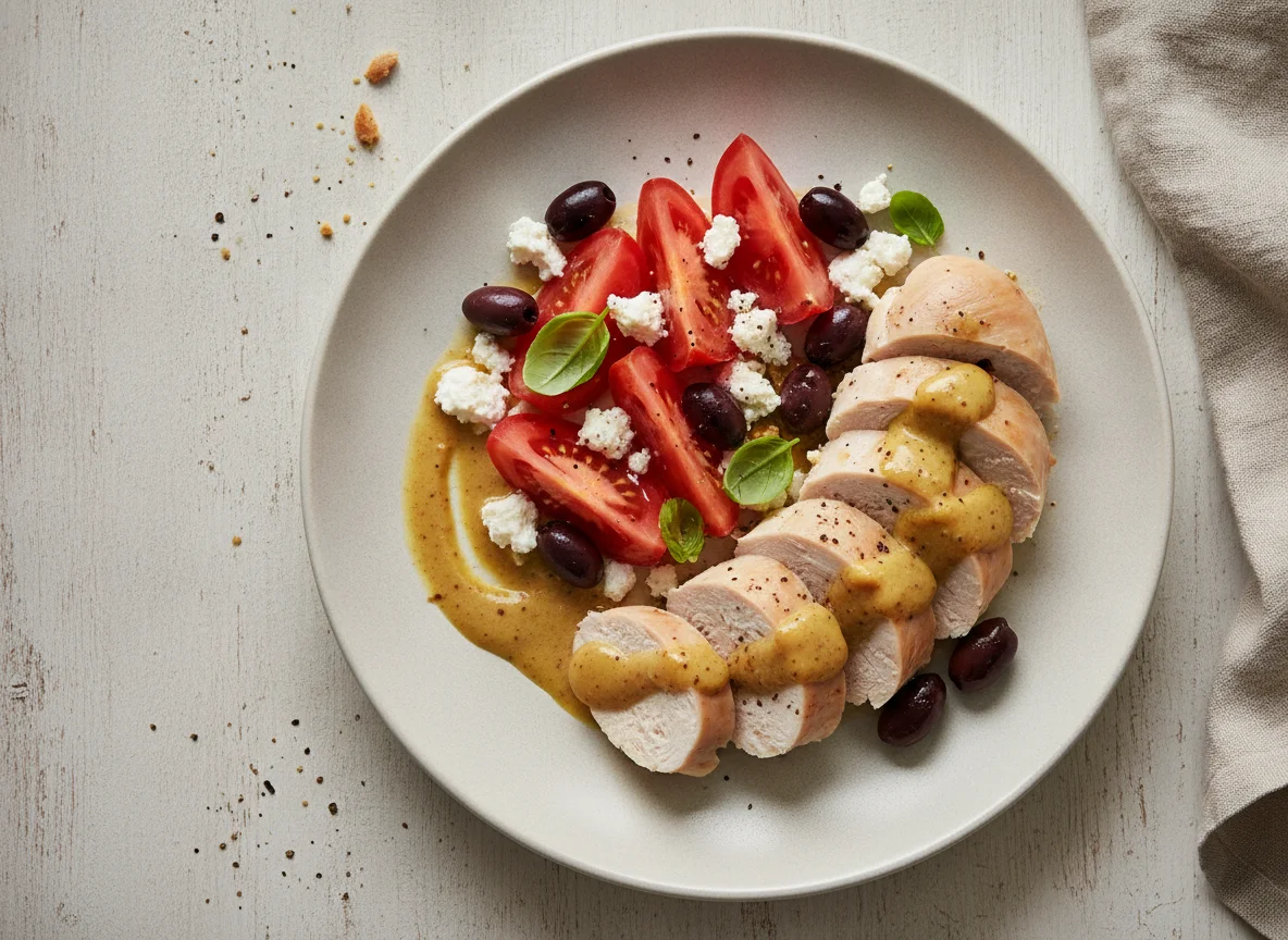 Chicken breast with tomatoes, feta cheese, and olives photo