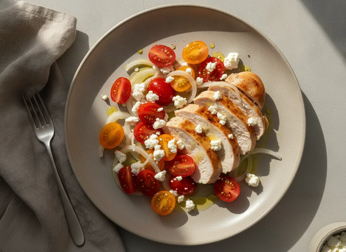 Chicken breast with tomatoes, feta cheese and onions photo