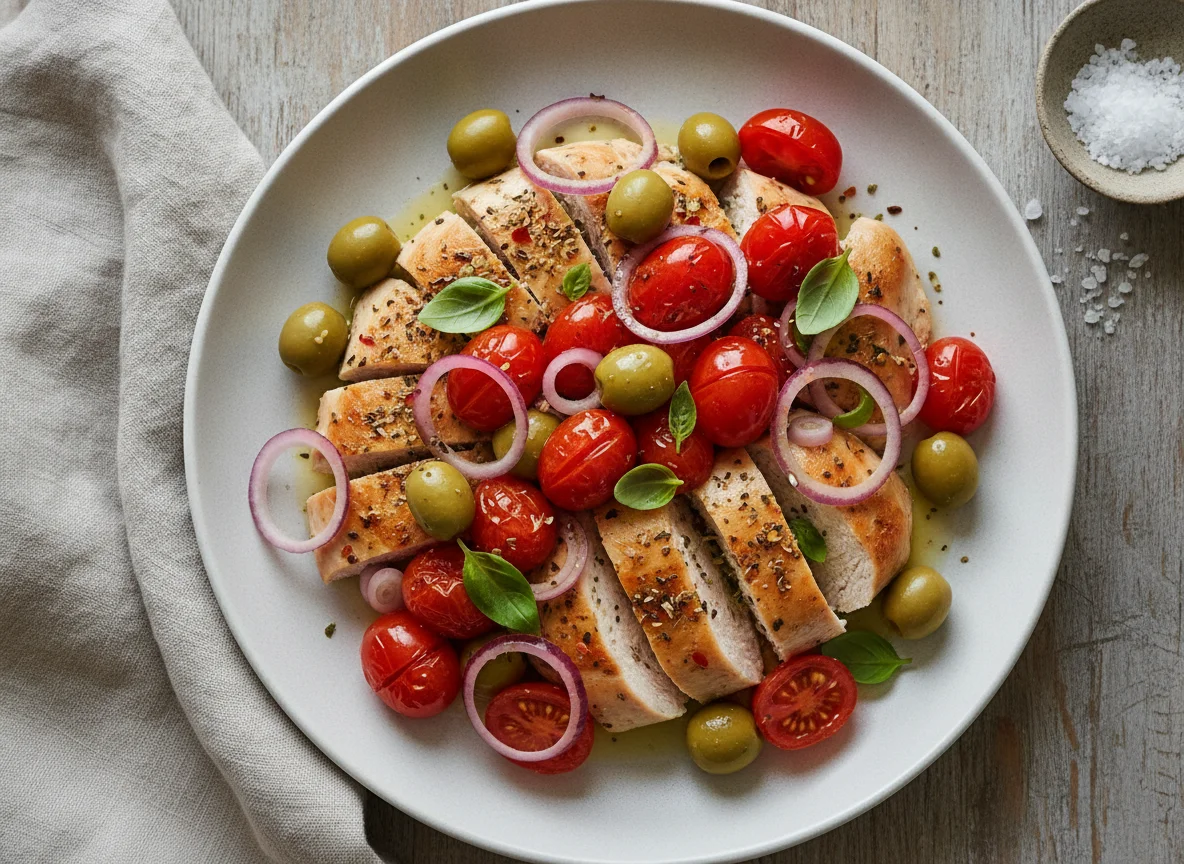 Chicken breast with tomatoes, olives and red onion photo