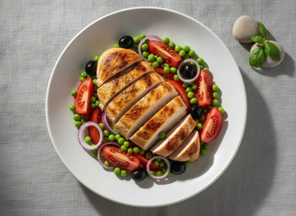 Chicken breast with tomatoes, peas, and olives photo
