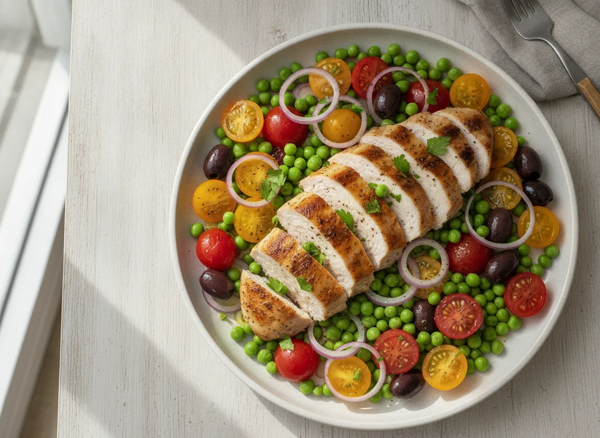 Chicken breast with tomatoes, peas, and red onion photo