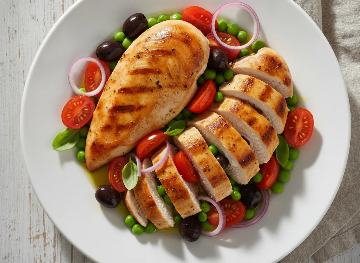 Chicken breast with tomatoes, peas, red onion and olives photo