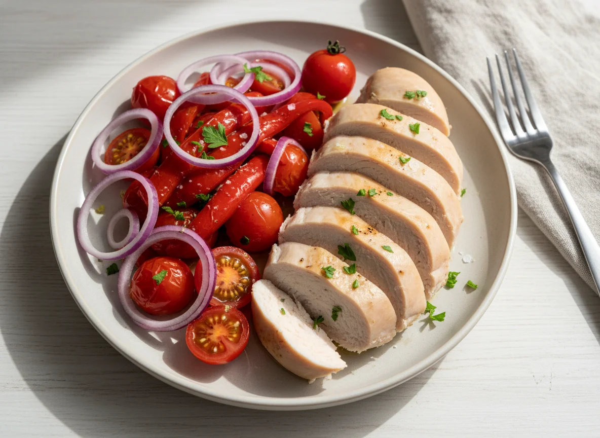 Chicken breast with tomatoes, red onion and roasted peppers photo