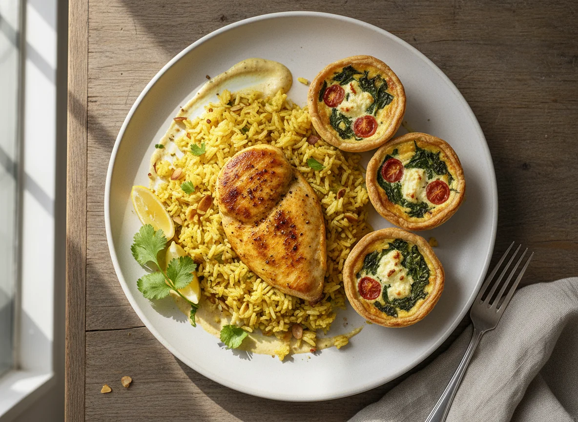 Chicken breast with turmeric rice and mini quiches photo