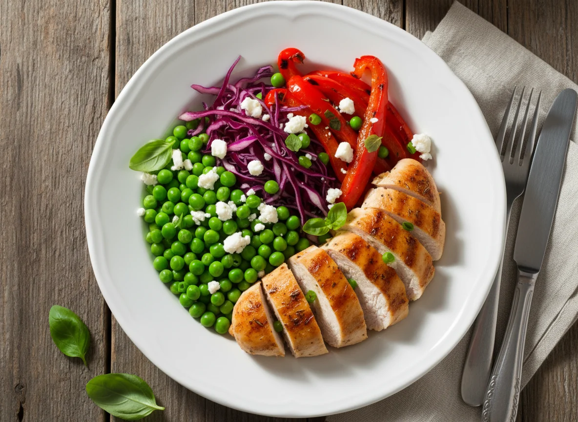Chicken breast with vegetables and feta photo