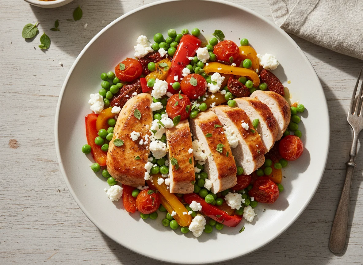 Chicken breast with vegetables and feta cheese photo