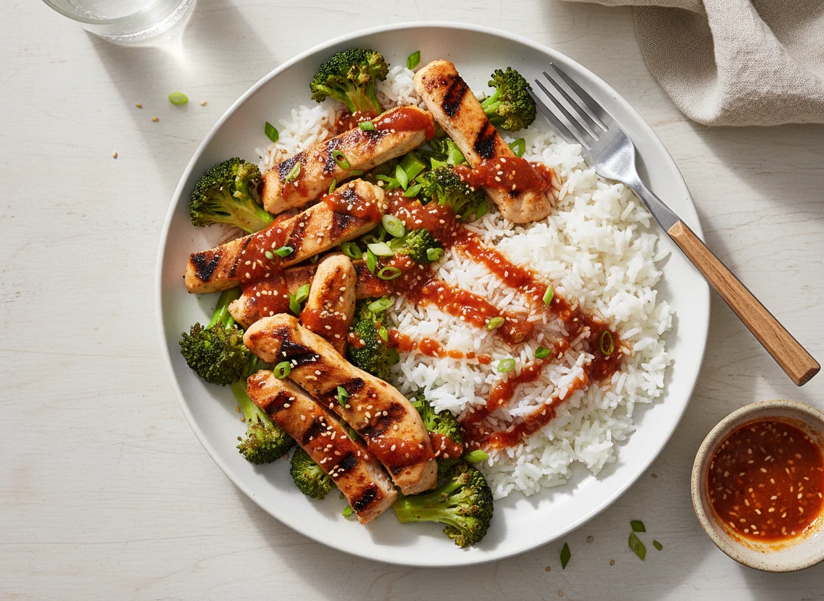 Chicken, Broccoli, and Rice with Chili Sauce photo