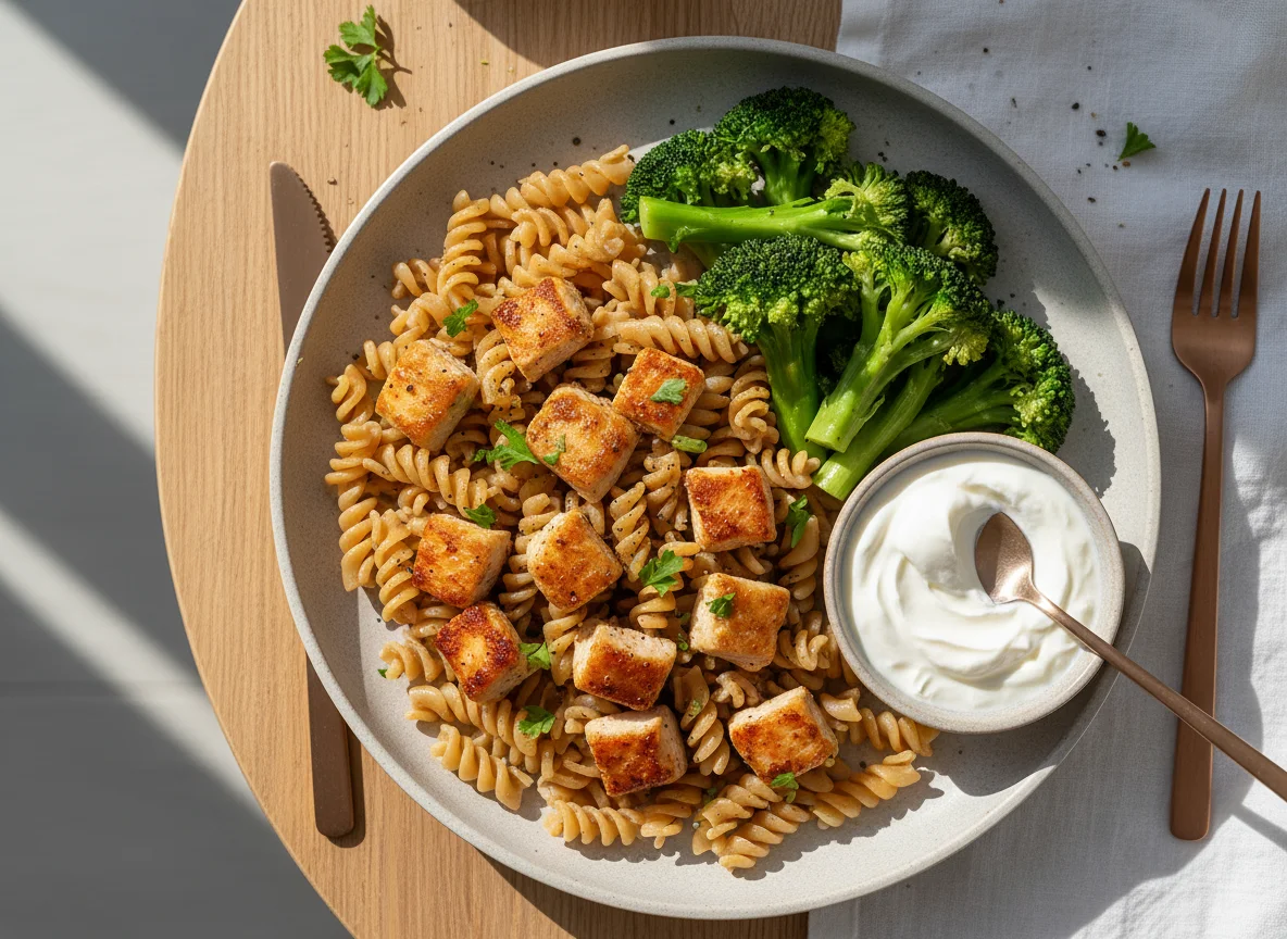 Chicken, Broccoli, Pasta, and Yogurt Meal photo