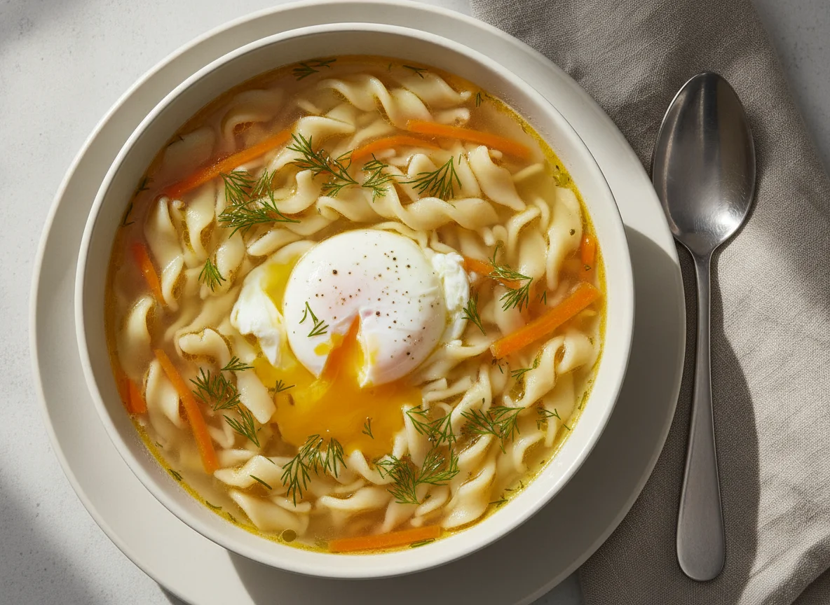 Chicken broth with egg and noodles photo