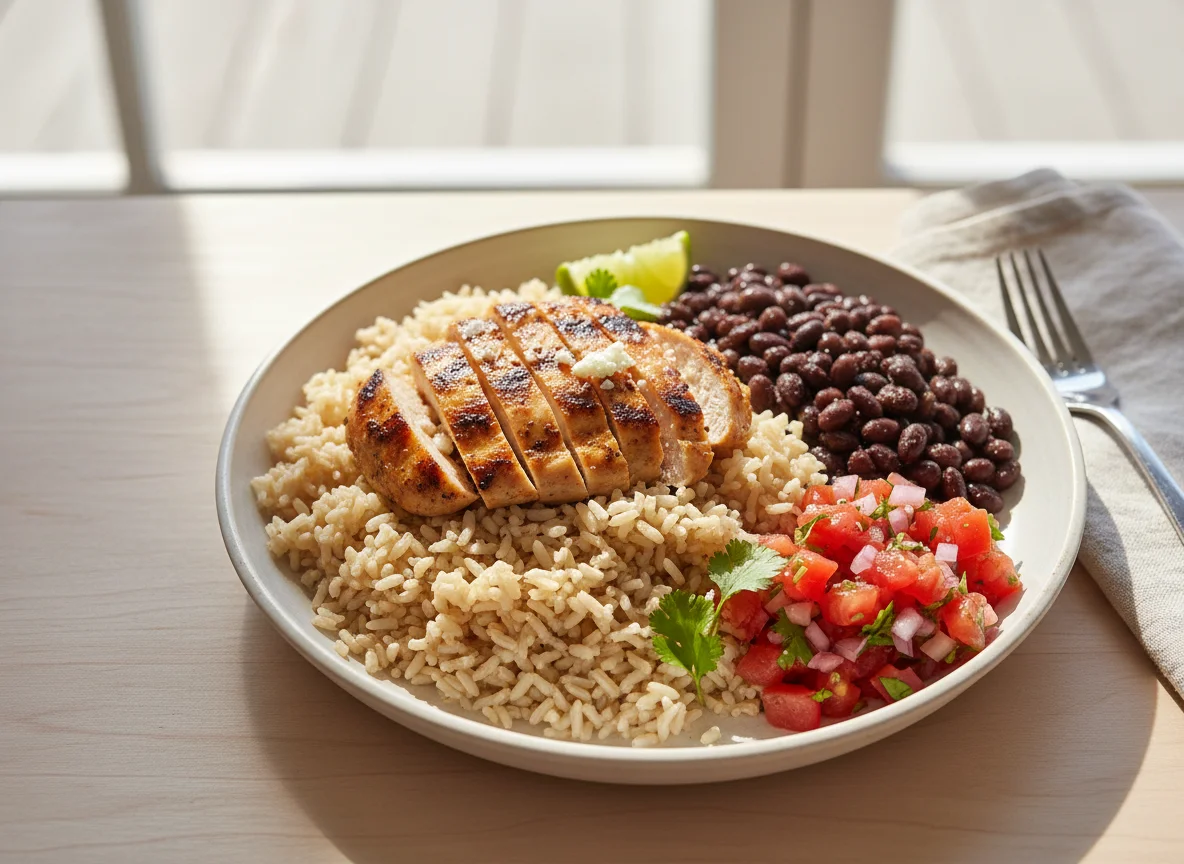 Chicken, Brown Rice and Black Bean Bowl with Salsa photo