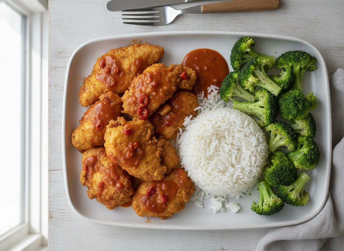 Chicken Buffalo with White Rice and Broccoli photo