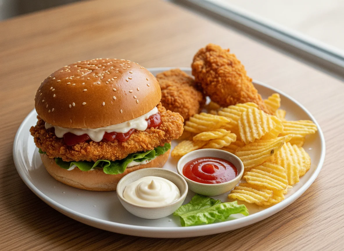 Chicken Burger and Fried Chicken Meal with Chips photo