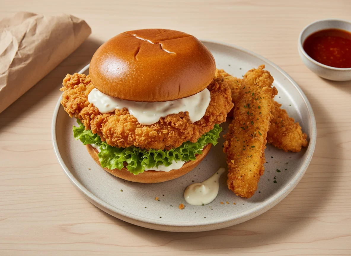 Chicken Burger and Fried Chicken Strips photo