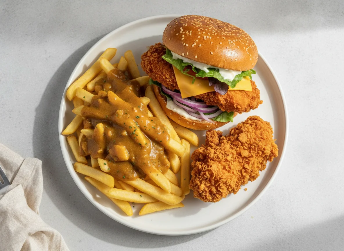 Chicken Burger Meal with Fried Chicken and Curry Chips photo