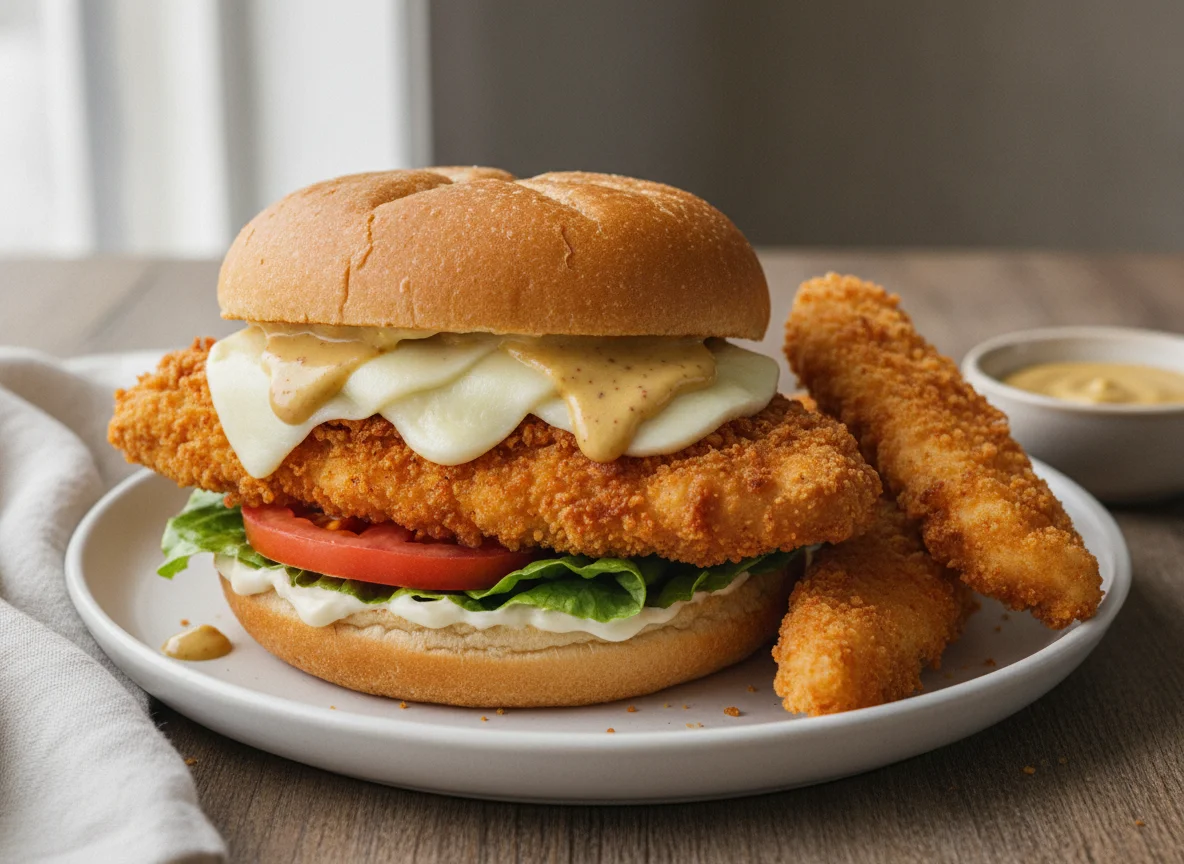 Chicken Burger with Breaded Chicken Strips and Honey Mustard Sauce photo